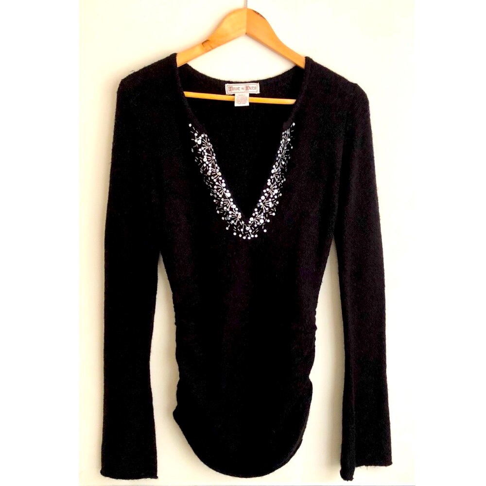 Twist of Faith Embellished Black V neck Sweater, Size Small